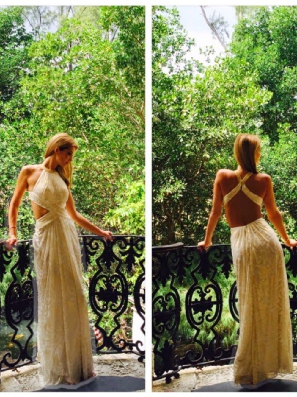Vintage Elegant Cream/Gold Halter Evening Dress with Open Back